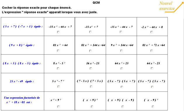 3ème QCM sur le calcul littéral exo10