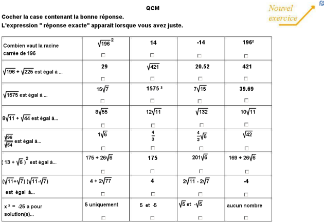 3ème QCM et racine carrée exo10