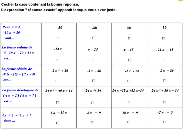 4ème QCM sur les équations exos